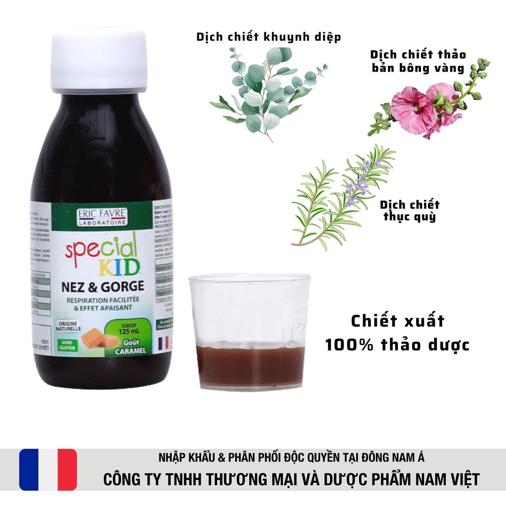 Siro giảm ho, ngăn ngừa viêm họng, viêm phế quản, viêm hô hấp - Special Kid Nez &amp; Gorge - 125ml [Eric Favre - Pháp]