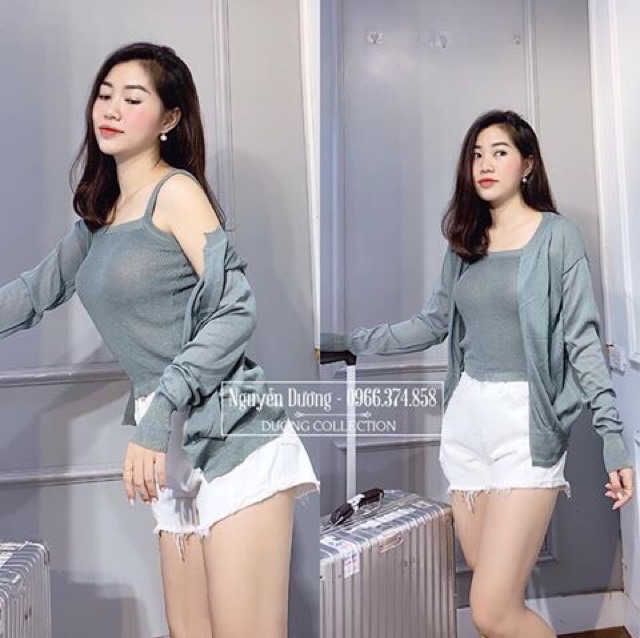 Áo khoác len caligan kèm áo hai dây len Quảng Châu