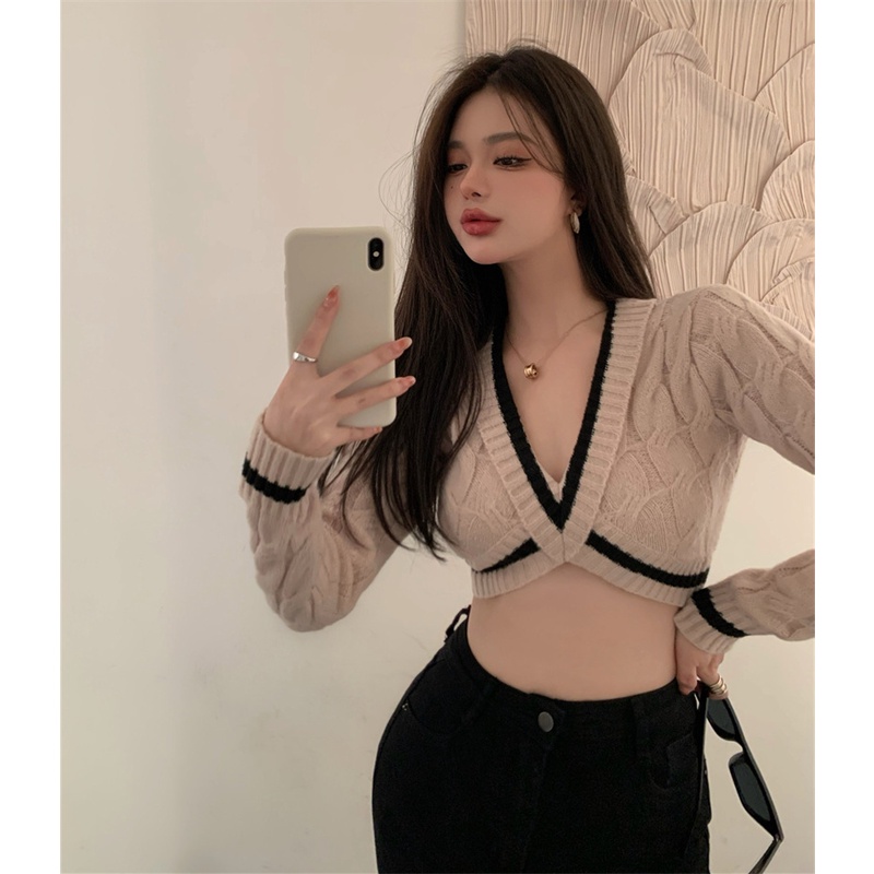 Áo len tay dài cổ chữ V màu sắc tương phản thời trang dành cho nữ