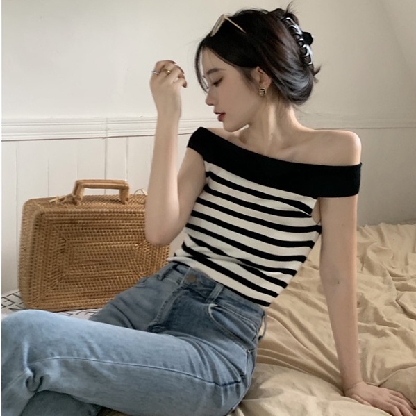 Áo dệt kim ZHELIHANGFEI trễ vai họa tiết kẻ sọc phong cách thời trang quyến rũ