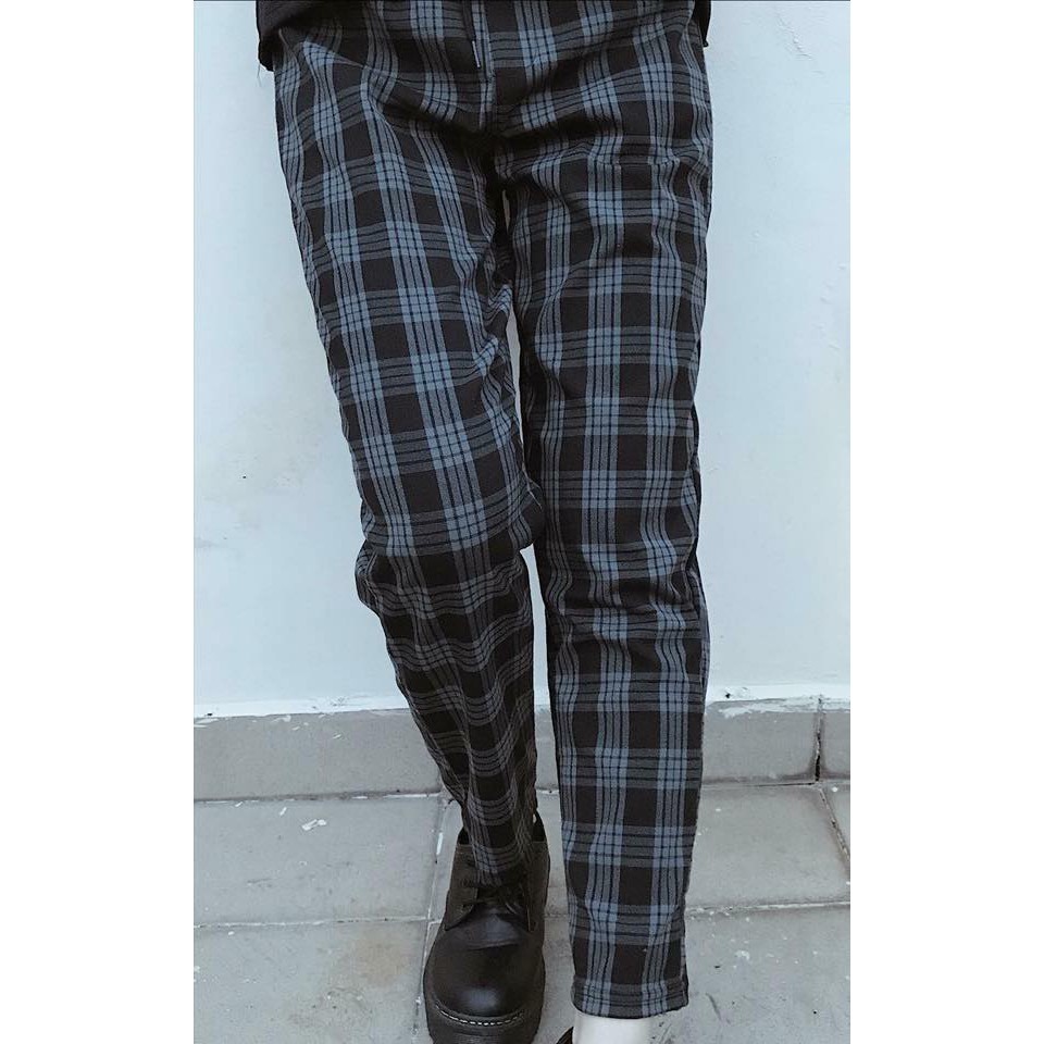 Quần caro xanh đen UNISEX 5theway - Quần baggy ca rô - Plaid Pants Xám đen ảnh thật