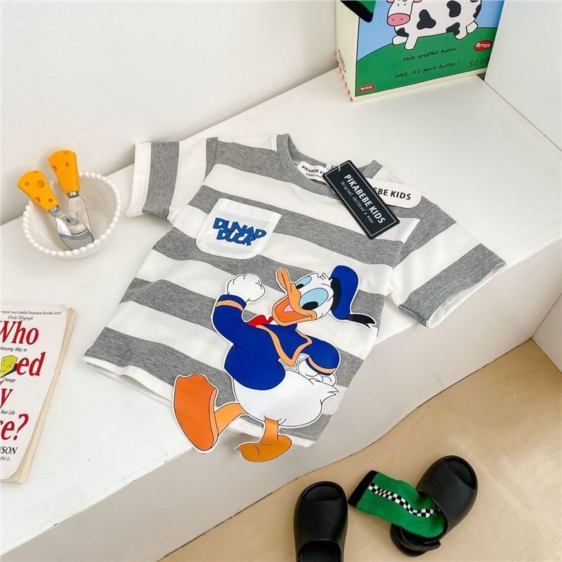 Áo Thun Tay Ngắn Kẻ Sọc Vải Cotton In Hoạt Hình Kiểu Hàn Quốc Thời Trang Mùa Hè 2022 Cho Bé