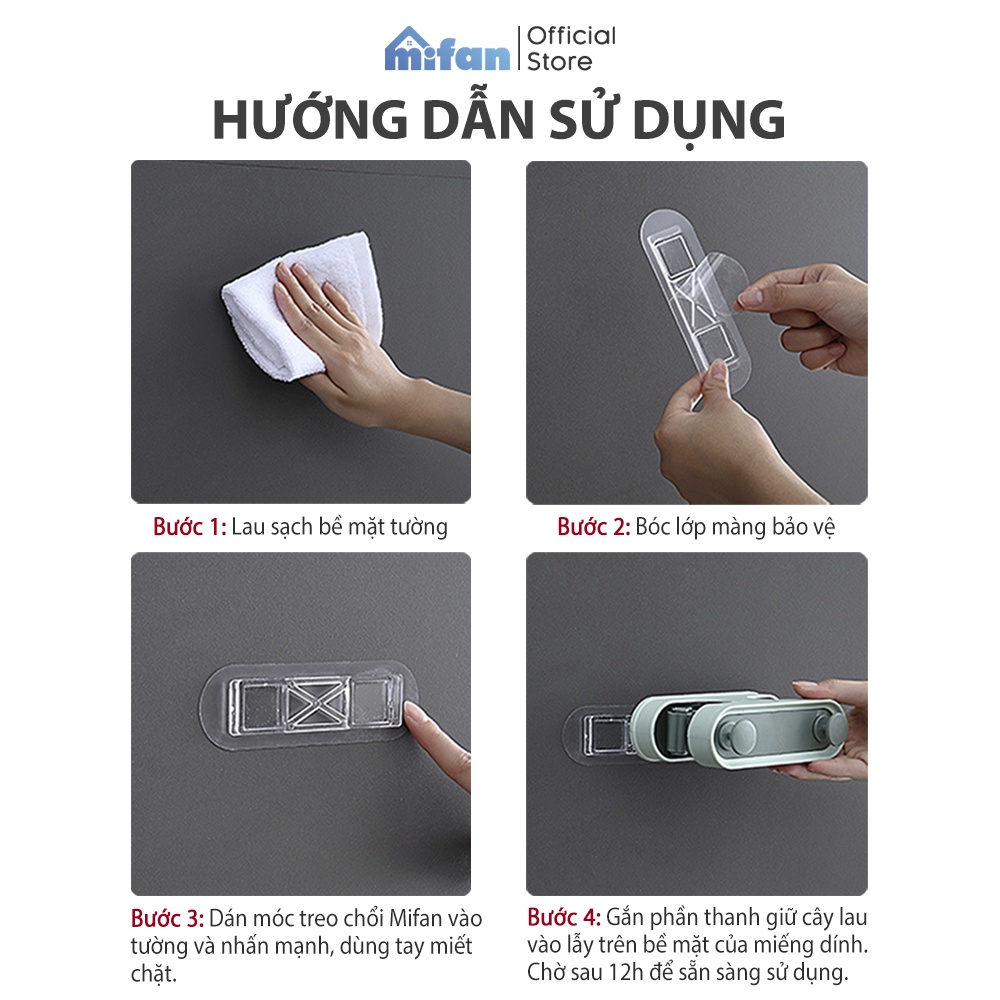 Móc Dán Tường Treo Chổi,  Kẹp Giữ Cây Lau Nhà Đa Năng Cao Cấp MIFAN - 4 Đầu - Chịu Lực 7KG - Nhựa ABS