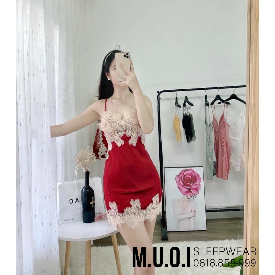 ( Có Ảnh Thật ) Váy ngủ 2 dây quai chéo lưng pha ren Cao Cấp 1857 Siêu Đẹp