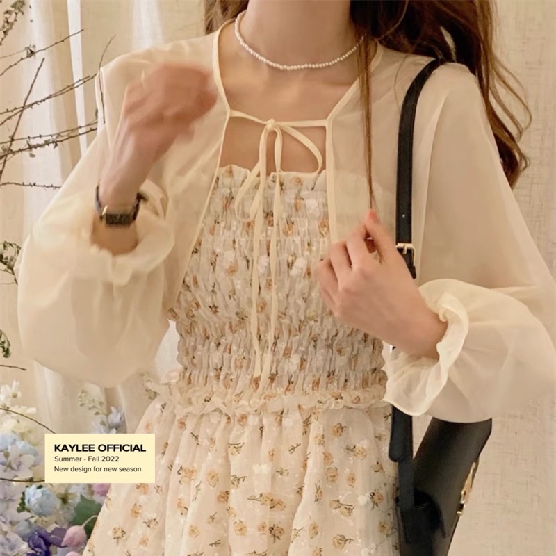 Set Váy Quây Hoa Tầng Mix Áo Khoác Tơ Ulzzang kèm ảnh thật Kaylee