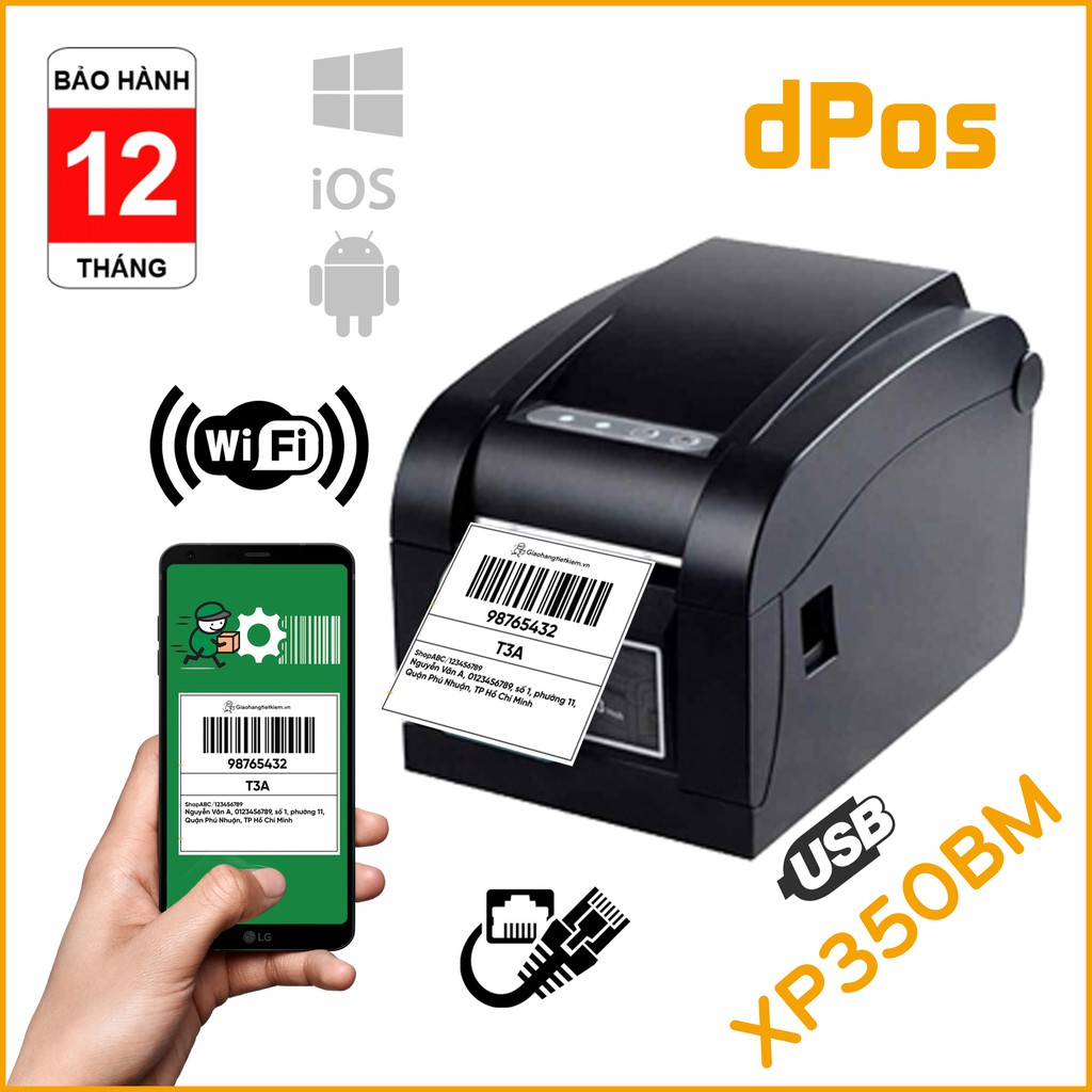 Máy in dPos Xprinter XP350BM LAN in đơn hàng GHTK bằng điện thoại in tem nhãn Minicode