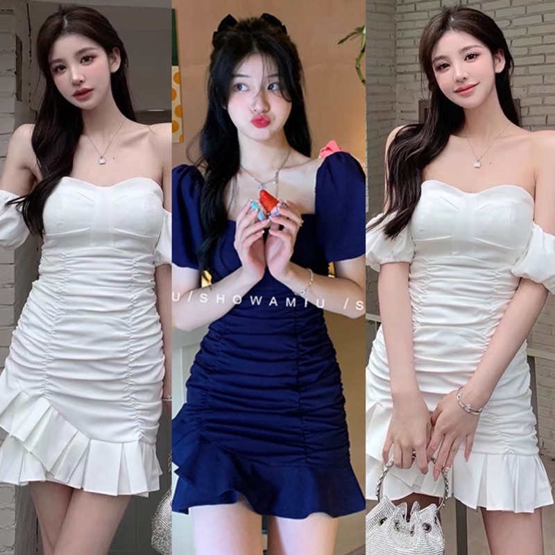 Đầm thô trễ vai cup ngực đuôi cá mặc được 2 kiểu 2 màu (kèm ảnh thật)