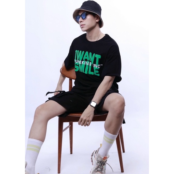 Áo thun in chữ form rộng &quot; I want smile&quot; Nô Storr
