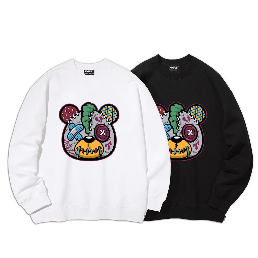 Áo sweater nam nữ local brand NIGUST Misfitz Heartbreak Bear N106 chất liệu nỉ da cá form rộng màu đen trắng Fullbox