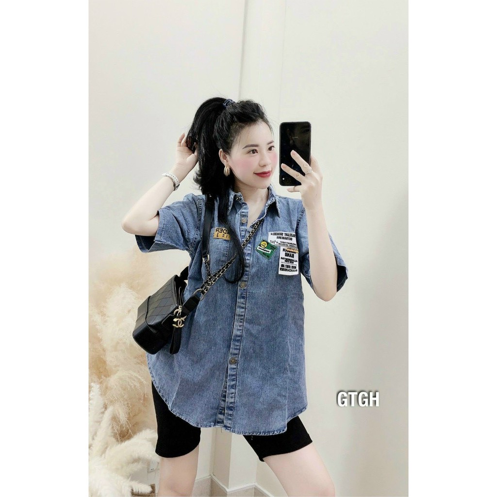 Áo sơ mi Jean nữ tay ngắn phom rộng in hình cute vải Jean đẹp mềm may kỹ LS- 33