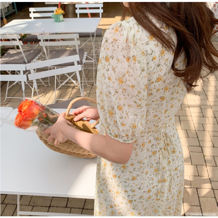 (HÀNG SẴN ) Váy hoa nhí tay phồng cổ V nhẹ nhàng Hàn Quốc