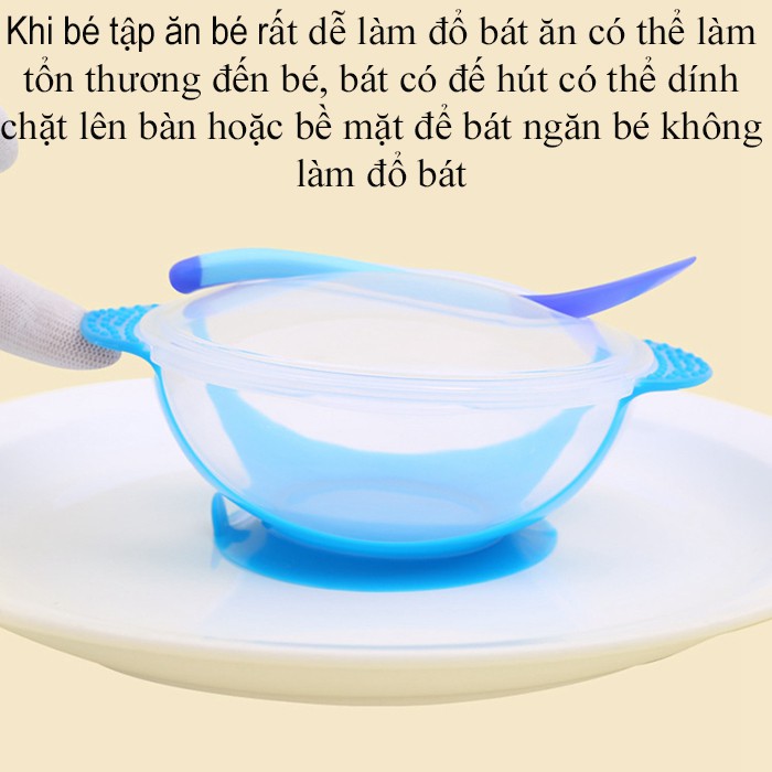 Bát ăn dặm cho bé chống đổ thìa cảm biến nhiệt độ kiểu dáng dễ thương tiện lợi an toàn, bộ bát ăn chống rơi cho trẻ