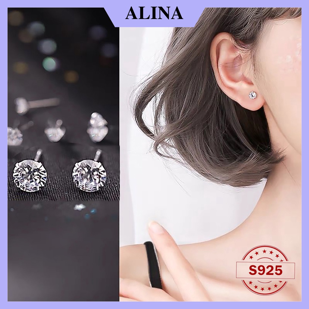 Bông Tai Bạc Ta Đá CZ 6A Chuẩn 120 Lát Cắt Siêu Lấp Lánh Không ố Không mờ Khuyên Nụ Trắng Đen Đơn Giản Alina