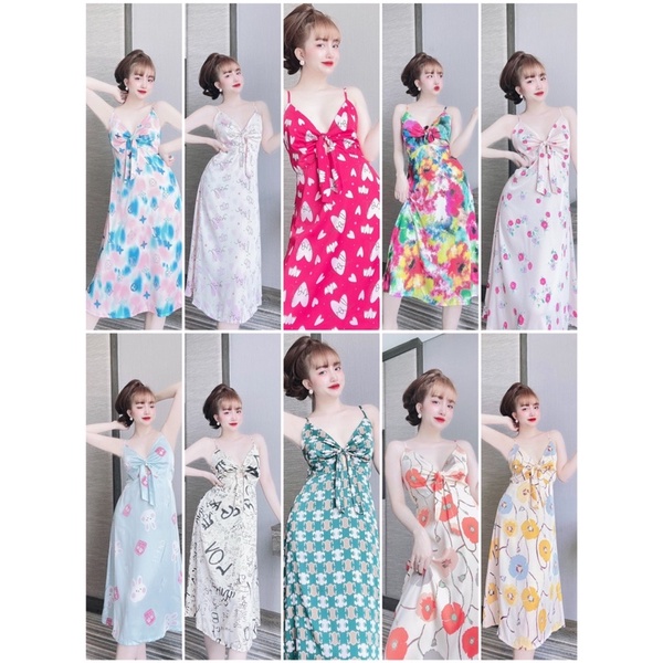 Đồ ngủ xinh Đồ bộ xinh Đồ mặc nhà LỤA LATIN Đầm 2 dây nơ xinh xắn - maxi đi biển đẹp