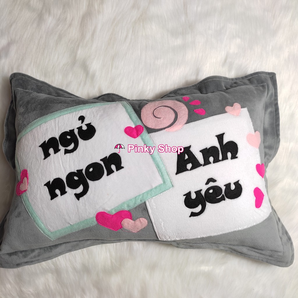 Gối handmade thêu chữ "Ngủ Ngon Anh Yêu" hình chữ nhật tặng bạn trai vải nỉ cao cấp Pinky Shop mã GH7