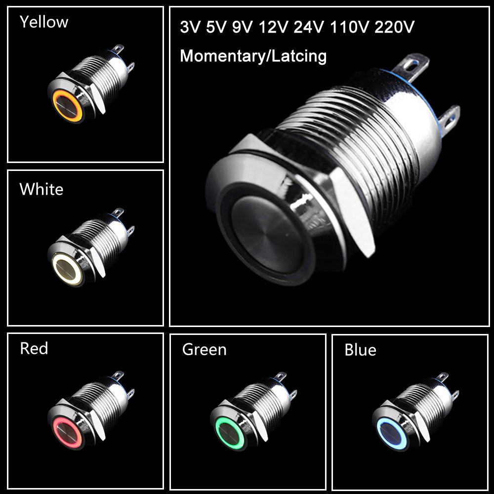 Công tắc On/Off dạng nhấn cho đèn led bằng kim loại chống thấm nước cỡ 12mm điện áp 3V 5V 9V 12V 24V 110V 220V