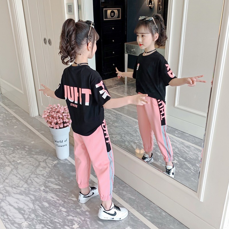 Bộ quần áo hè cho bé gái 14-45kg,bộ quần áo nữ từ 4-14 tuổi &quot;JUHT EO&quot; cá tính, thấm hút mồ hôi tốt, hàng may kỹ