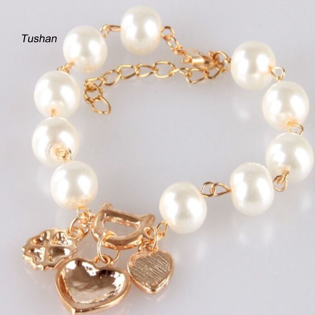TUSH_Fashion Faux Pearl Rhinestone Love Heart Pendant Bracelet Jewelry Party Gift | BigBuy360 - bigbuy360.vn