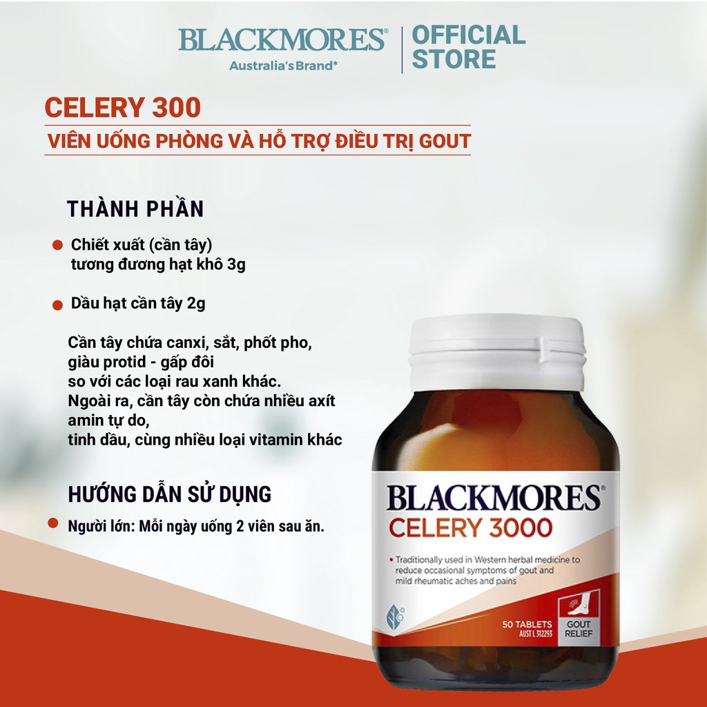 Viên uống hỗ trợ làm giảm và phòng ngừa các cơn đau do Gout Blackmores Celery 3000mg 50 viên của Úc