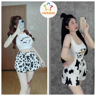 Bộ quần áo bò sữa croptop 2 dây body và quần đùi loang mặc ngủ đi chơi - VIETSTAR