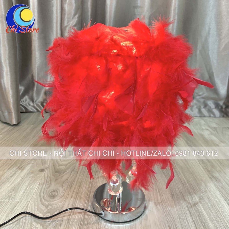 Đèn Ngủ Lông Vũ Để Bàn Đính Đá Chân Inox Trắng Sang Trọng SIZE TO Cực Đẹp