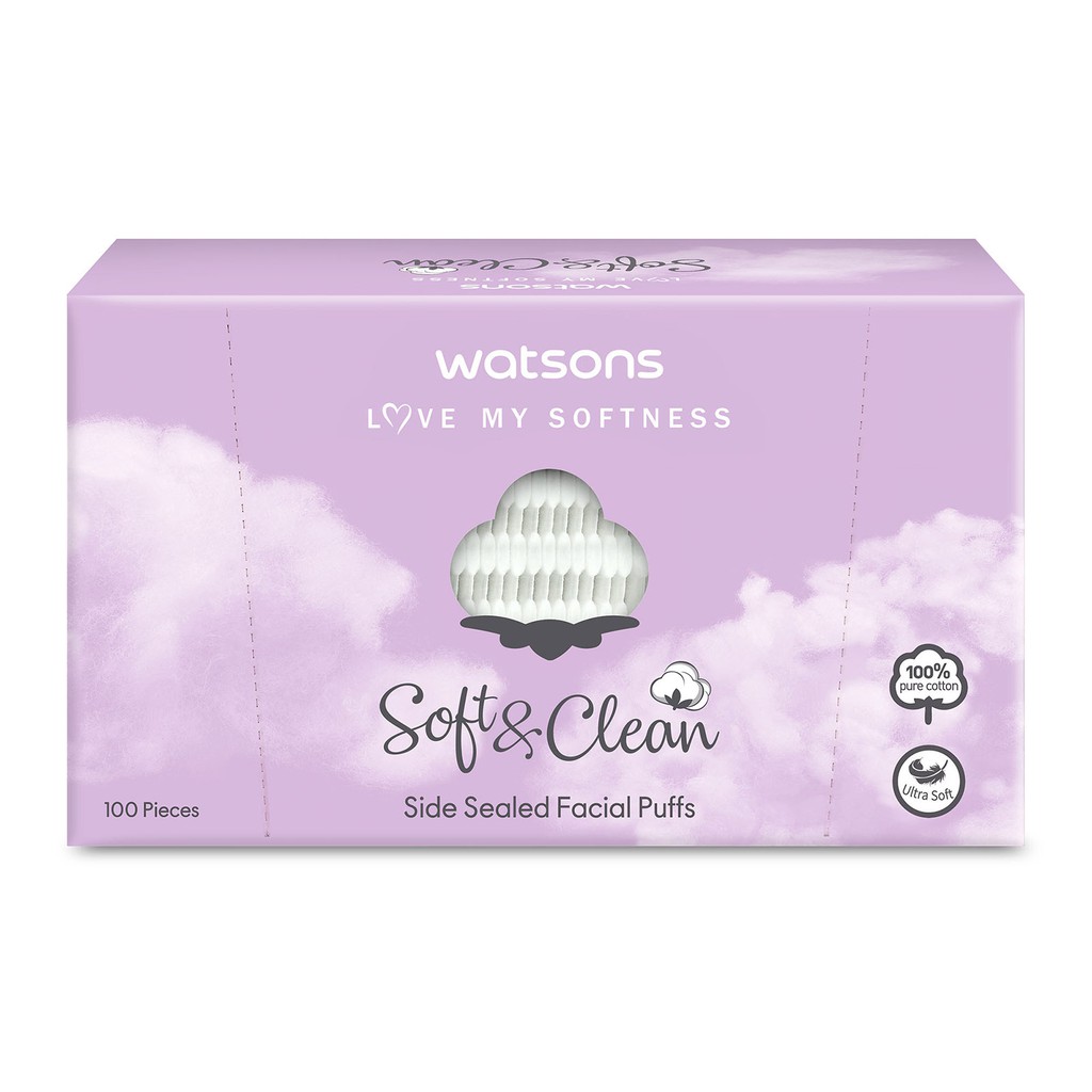 Bông Tẩy Trang Watsons Love My Softness Soft &amp; Clean Side Sealed Facial Puff Cuốn Biên 100 Miếng