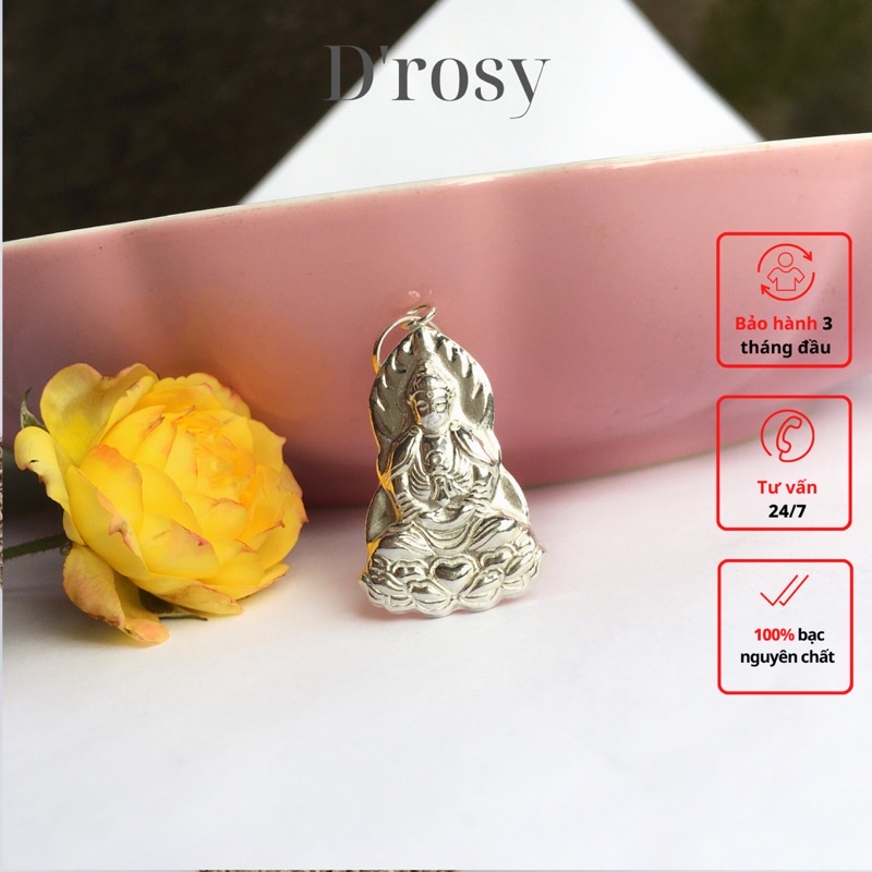 Mặt phật bà quan âm bạc nguyên chất loại vừa dài 4 cm cho bé yêu và nữ giới