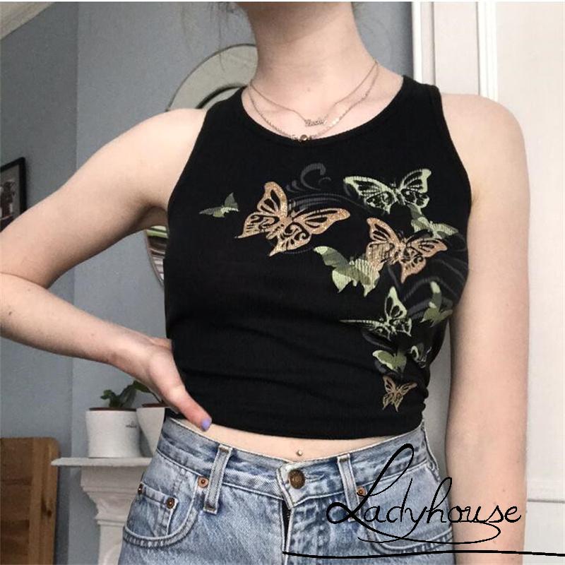 LD-Women Crop Tops, Sleeveless Butterfly Pattern Printed Round Neck Summer Vest Camisole for Female