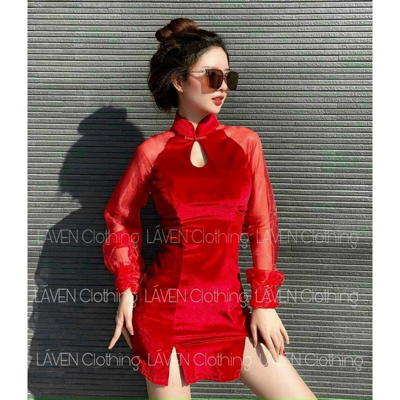 Đầm body cổ tàu khoét giọt lệ tay lưới bo xẻ đùi