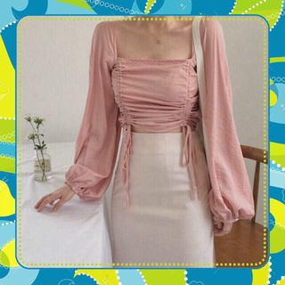 ÁO CROPTOP TAY DÀI CỘT DÂY 2 BÊN NHIỀU MÀU - CROPTOP RÚT DÂY TAY PHỒNG HỒNG VÀNG XANH ĐEN TRẮNG - CROPTOP TRỄ VAI CỔ VUÔ