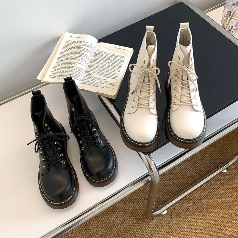 Giày boot Martin IELGY mũi tròn đế dày thiết kế cột dây phong cách Anh Quốc thời trang cho nữ