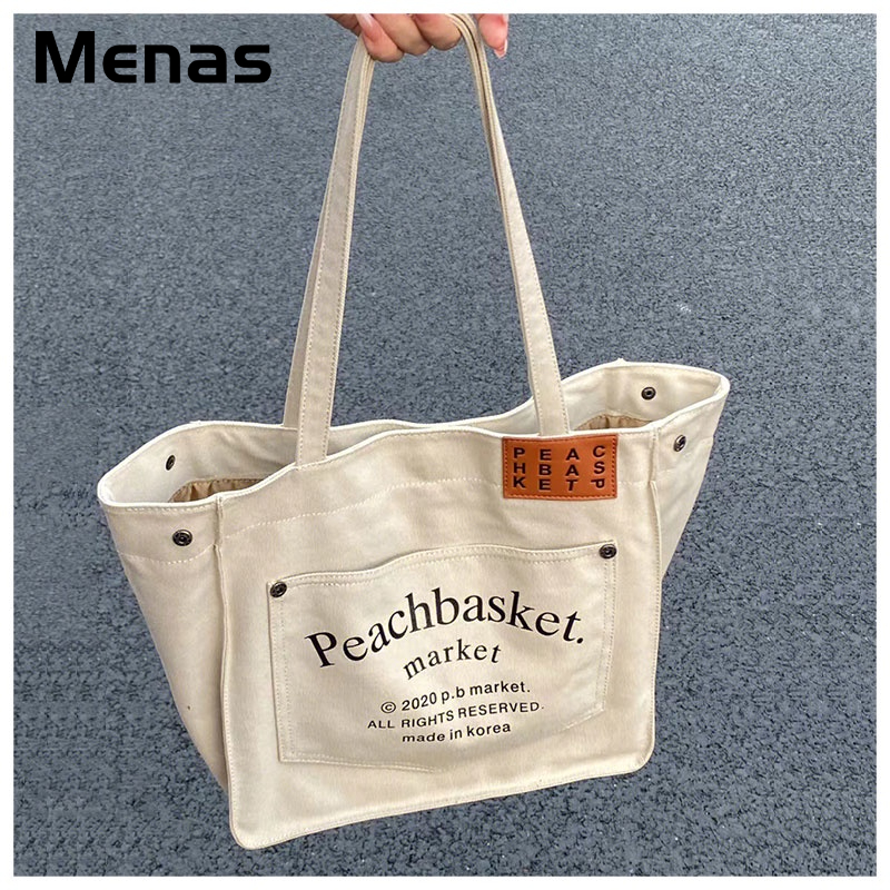 Menas Túi xách tay vải canvas sức chứa lớn in họa tiết phong cách Hàn Quốc thời trang trẻ trung