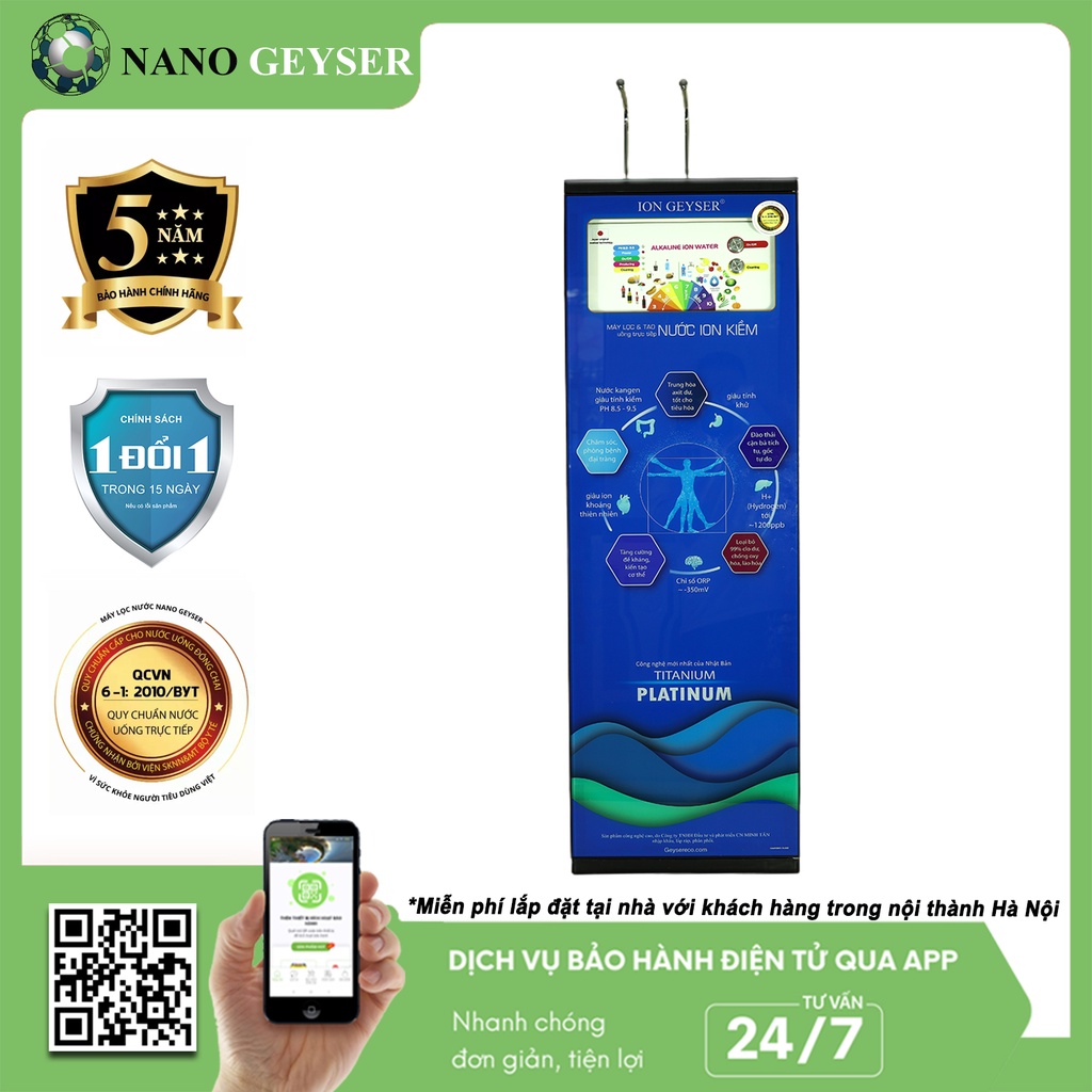 Máy lọc nước Ion Kiềm Nano Geyser I8 - Hàng chính hãng bảo hành điện tử 5 năm, 8 cấp lọc, 4 chế độ nước Ion Kiềm và RO