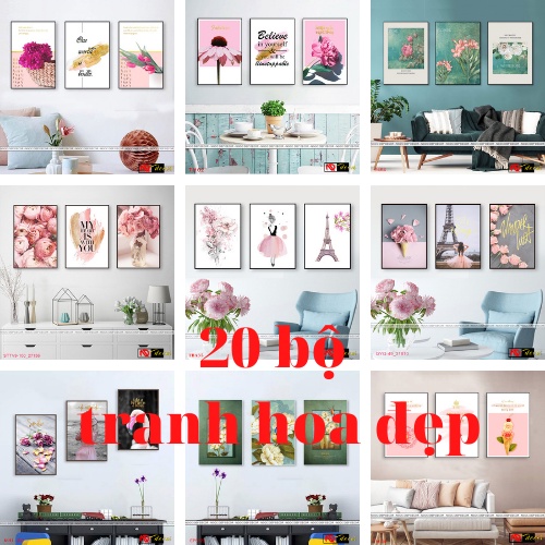 Tranh treo tường, bộ 3 tấm tranh hoa hiện đại, treo phòng khách, phòng ngủ