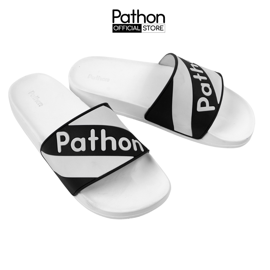 Dép nam nữ quai ngang slipper Pathon quai PVC và đế PU trắng quai sọc chéo đen trắng in chữ Pathon SD52