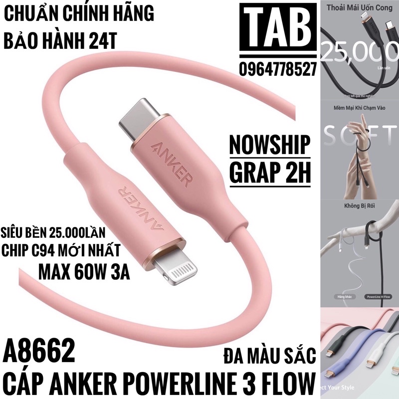 Cáp Anker PowerLine 3 FLOW UsbC To Lightning (A8662) - Bảo Hành 24T