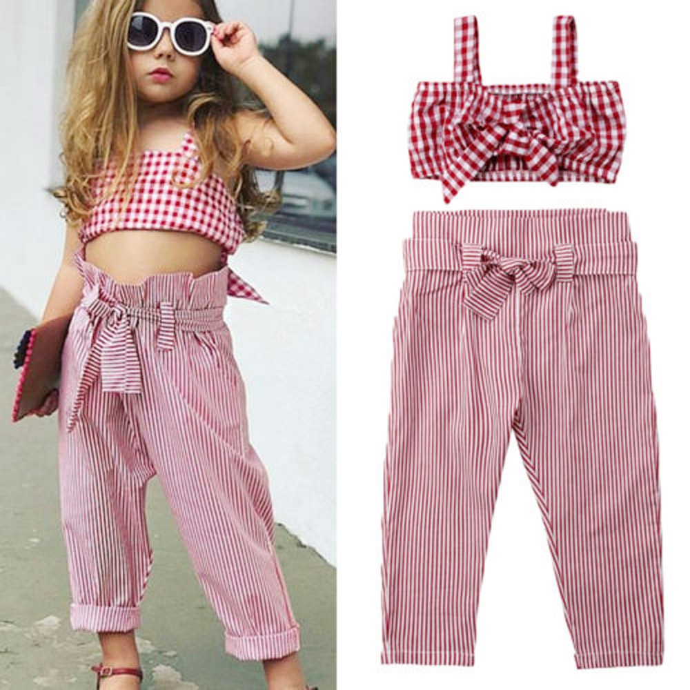 Toddler Kids Baby Girls Sleeveless Plaid Tops+ Striped Pants Outfit Set
