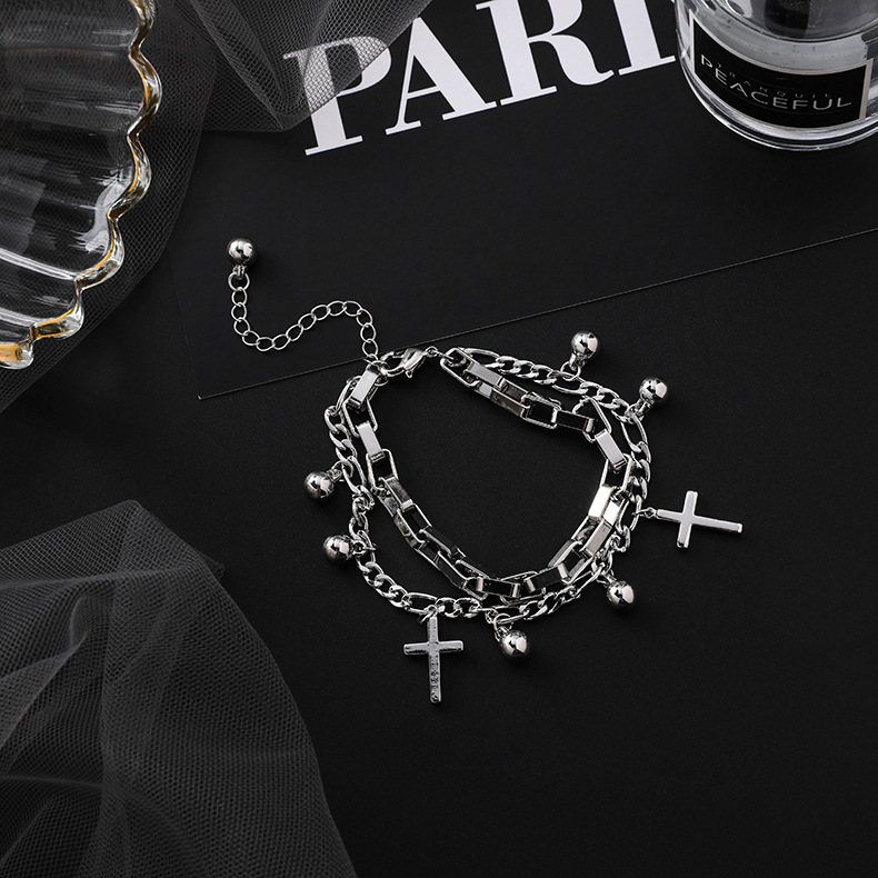 Vòng tay nhiều lớp mặt thánh giá và chuông đơn giản phong cách hip hop thời trang cho nam và nữ