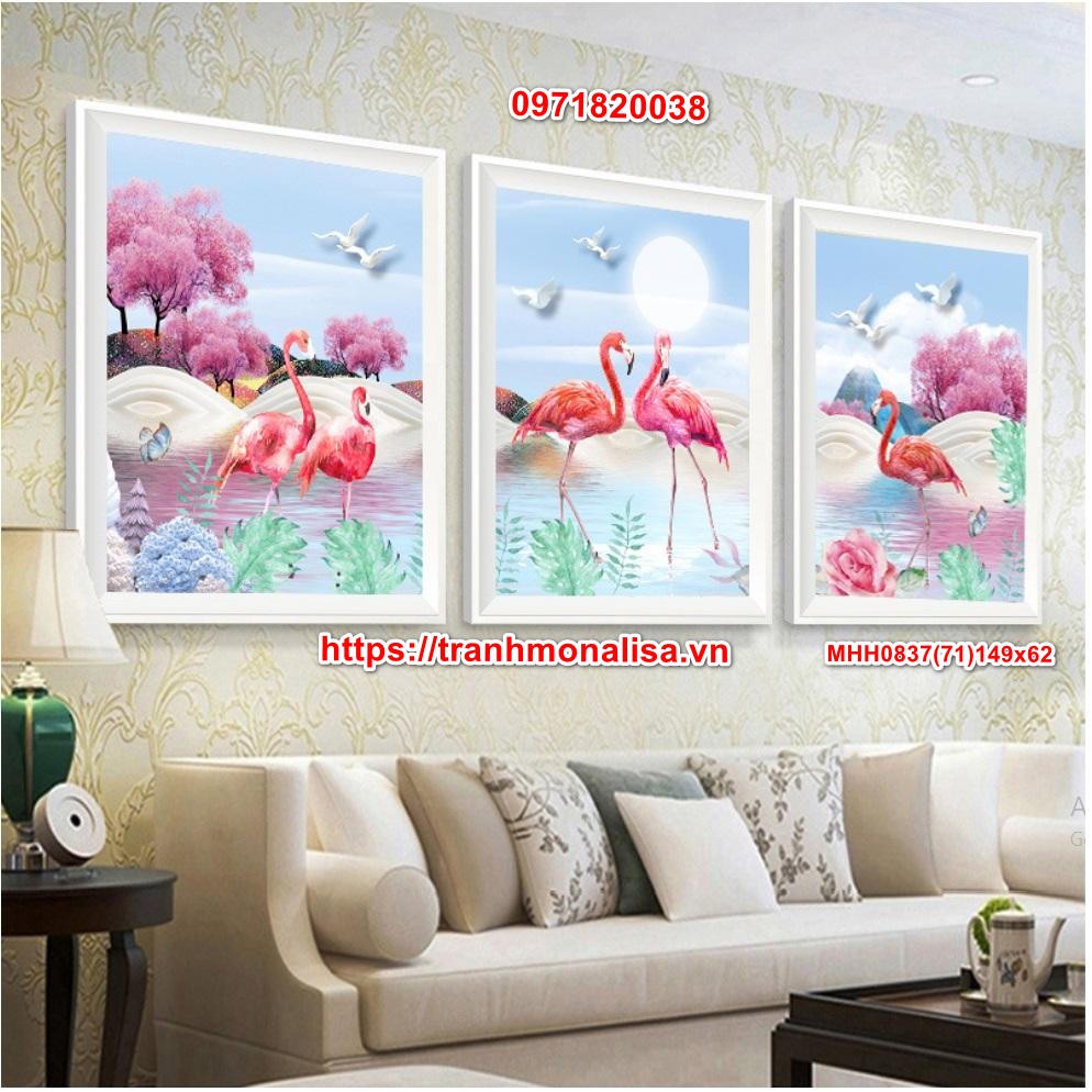Tranh thêu kín Hồng Hạc Bộ 3 Bức (MHH0837) kích thước 149x62 cm