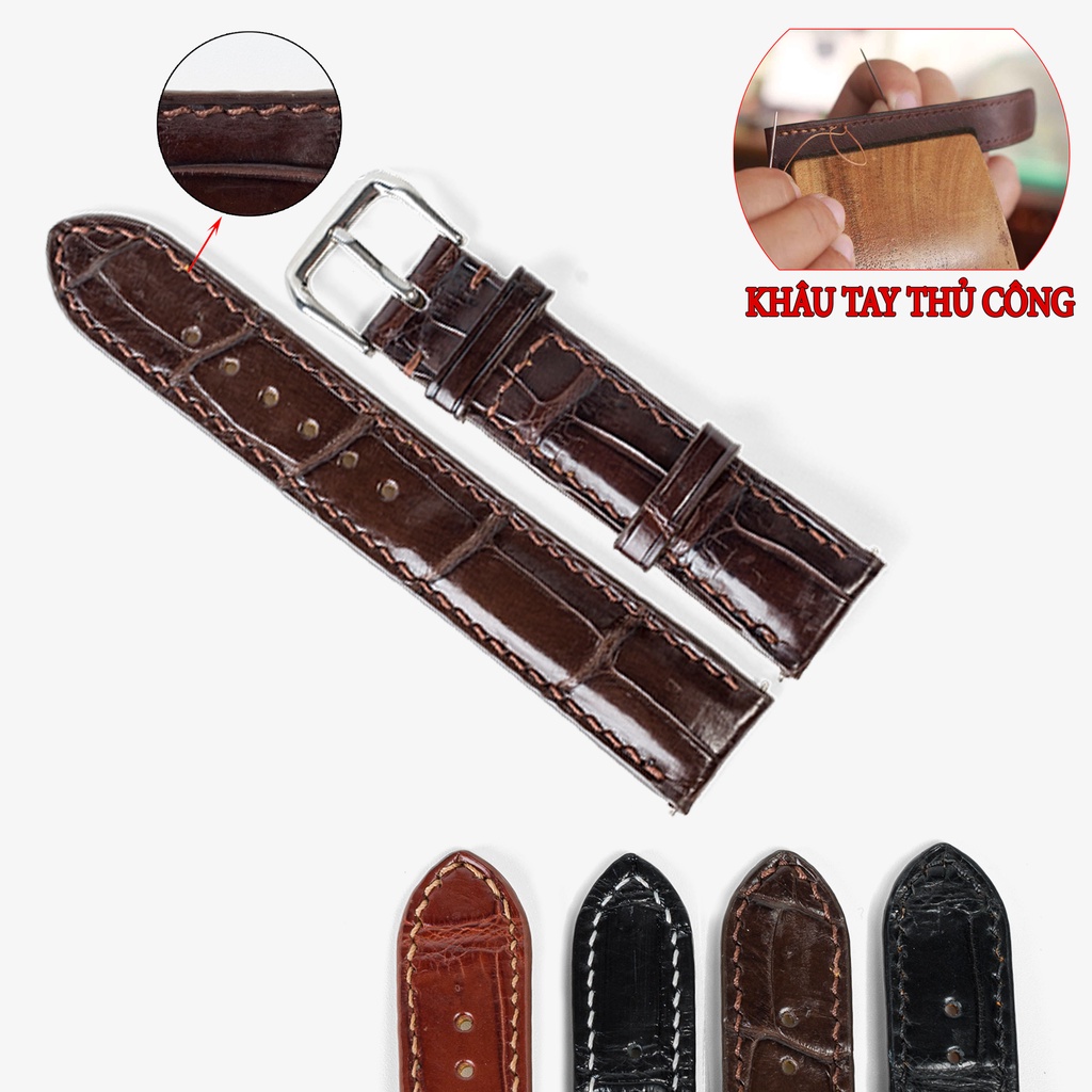 Dây đồng hồ nam da cá sấu đốt tre khâu tay thủ công D103-Bụi Leather size 18mm, 20mm, 22mm, 24mm