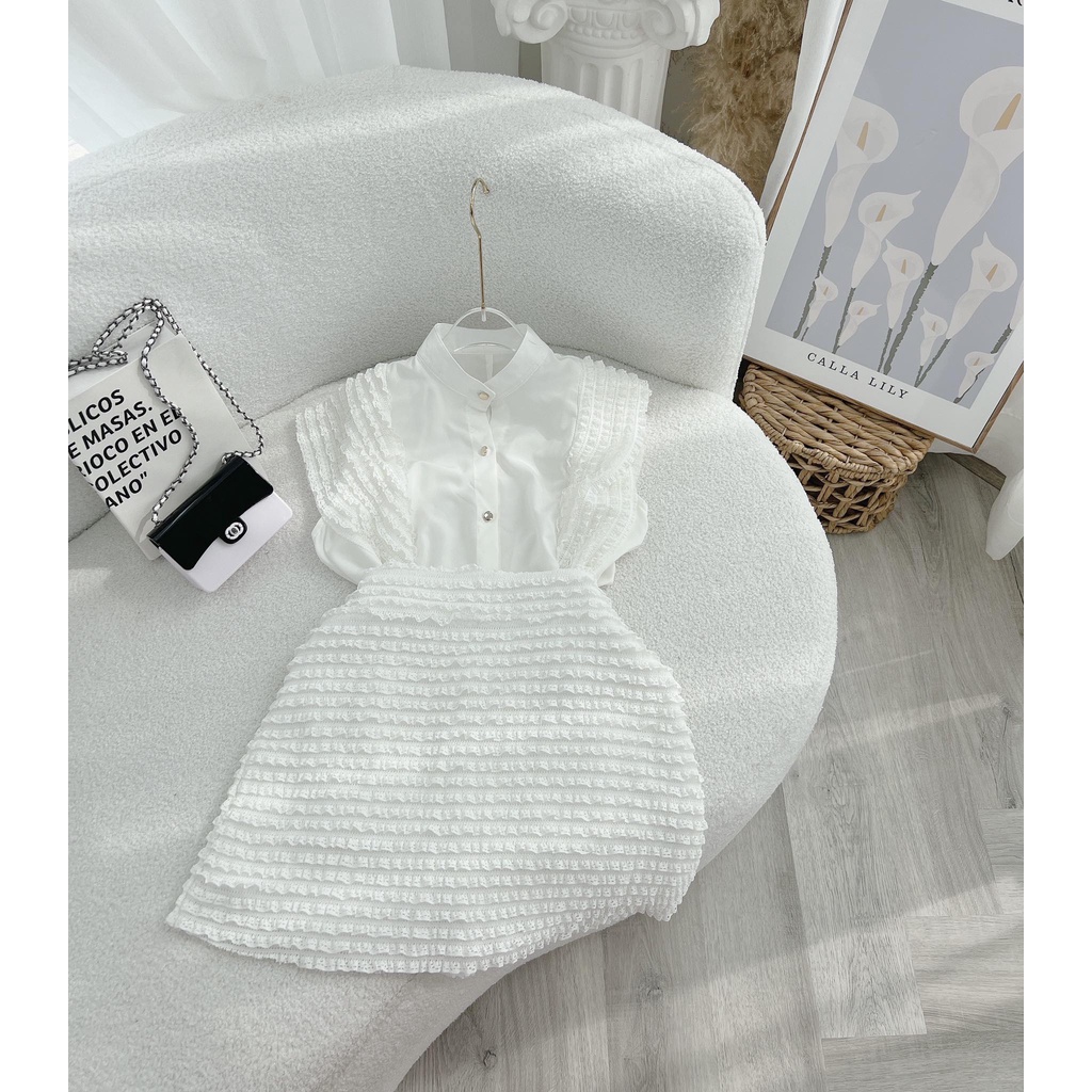 SET ÁO TRẮNG CỔ TRỤ BÈO TẦNG NHÍ + CHÂN VÁY VIỀN BÈO