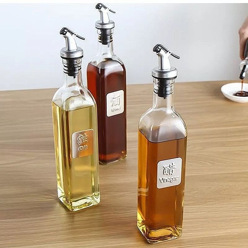 Chai Lọ Bình Đựng Gia Vị Thủy Tinh 150ML đến 500ML Thân Vuông Vòi Rót Bấm Tay Trong Nhà Bếp