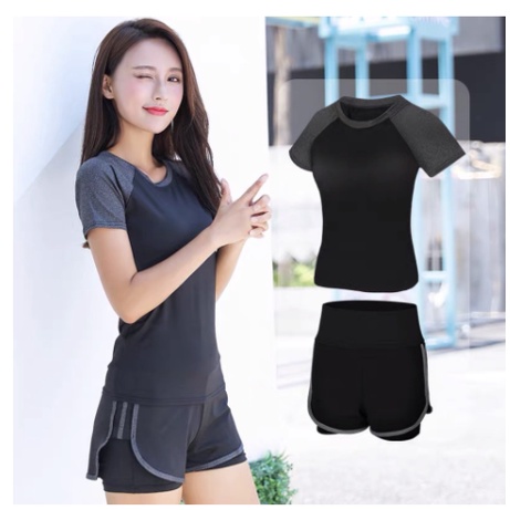 Bộ đồ tập Gym nữ áo thun và quần đùi 2 lớp thể thao chạy bộ trẻ trung co dãn W036