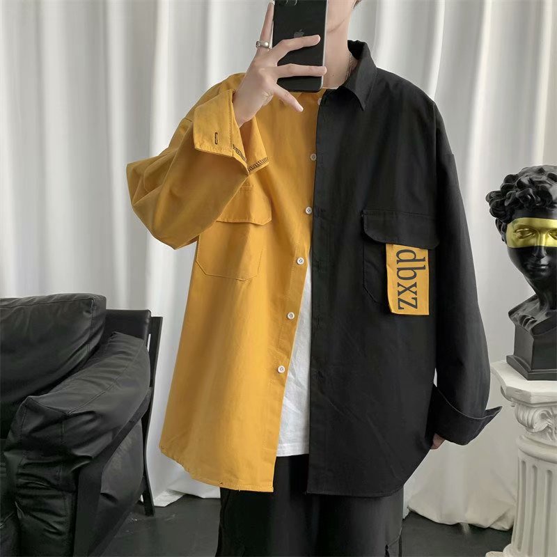 Áo Sơ Mi Tay Dài Phối Màu Sắc Tương Phản Phong Cách Hip Hop Đường Phố Cho Nam