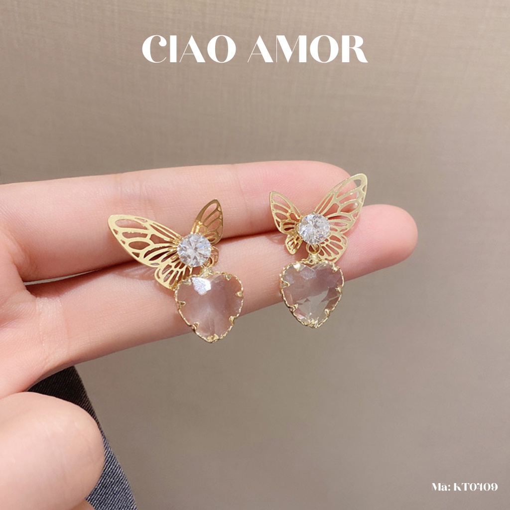 KT0409-Khuyên tai nữ, Bông tai bạc 925 cánh nữ điệu đá trái tim tiểu thư sang trọng Trang sức Ciao Amor