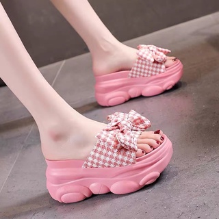 Dép xuồng quai ngang nơ kẻ cao 9cm