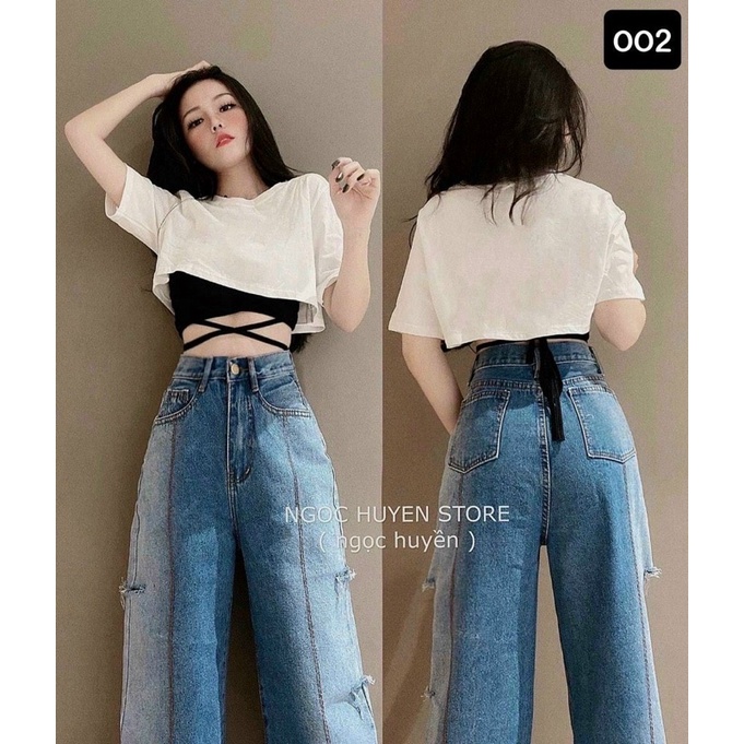 Quần baggy jeans ống rộng mã 002, quần bò jean baggy ống rộng lưng cao rách gối phối màu