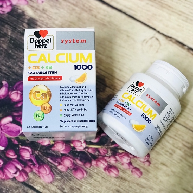 Kẹo nhai vị cam Calcium 1000+ D3+K2 Doppel system 60v - Bổ sung canxi cho trẻ phát triển chiều cao