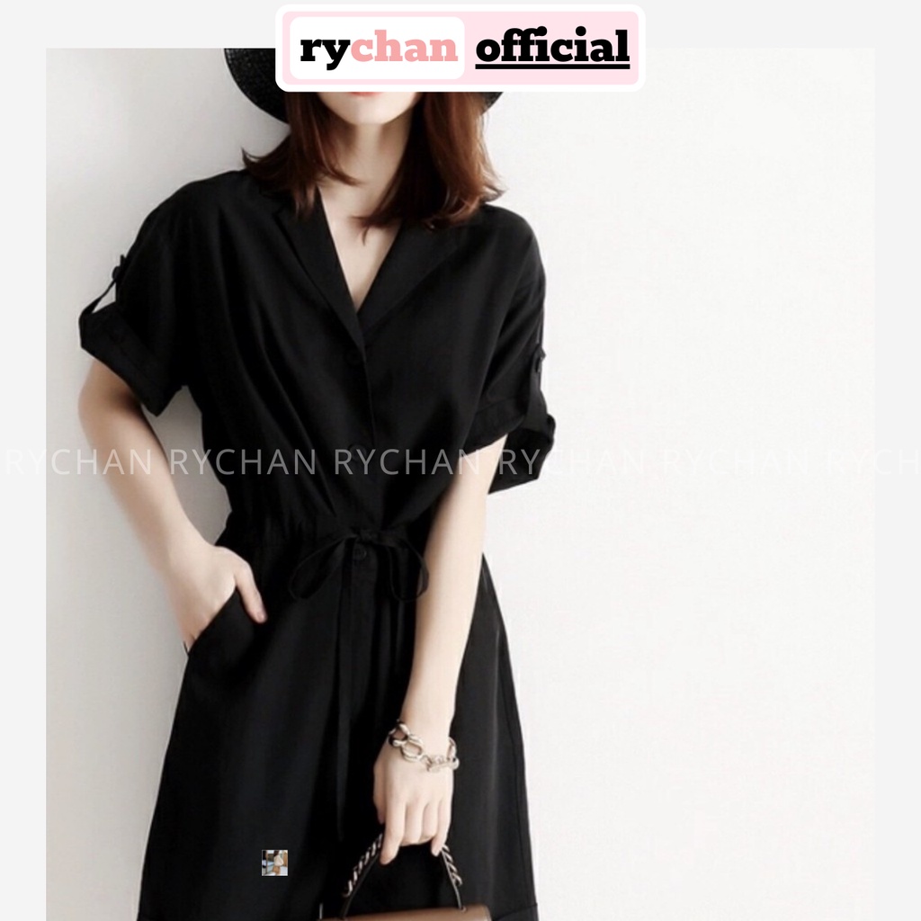 [ẢNH THẬT CUỐI] JU003 - Đầm Đen Xòe Sơ Mi Cổ Vest Rút Eo (Lót Quần Trong)