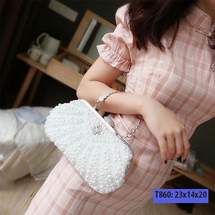 Ví nữ cầm tay dự tiệc đẹp, bóp cầm tay dự tiệc nữ đính ngọc cực sang trọng T860